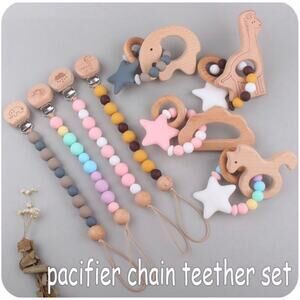 4 Complete Sets Of Wooden Silicone Teething Toy With Pacifier Clip BPA free